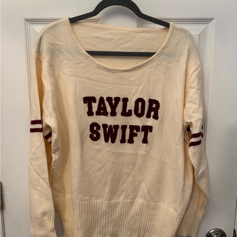Taylor Swift Cream and Red Crew Neck Sweater